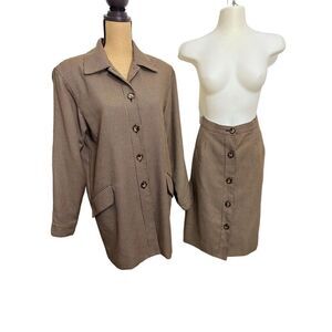 Renlyn New York Skirt Suit Size 10 Houndstooth Long Blazer Brown Business USA